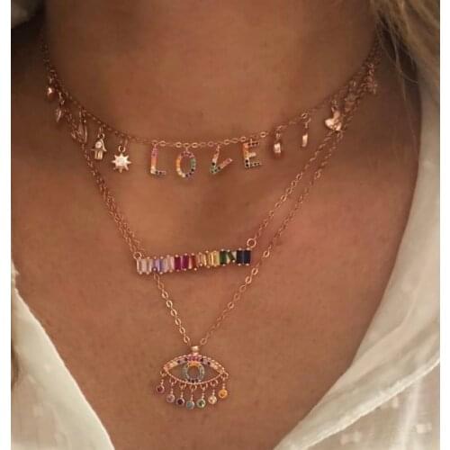2021 New Women girl Fashion Lovely rainbow 3A CZ Choker Necklace delicate small Letter charm 925 sterling silver Pendant jewelry