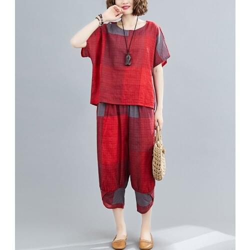 2021 New Arrival Womens Summer Clothes Set Linen Cotton Tie Dye Print Vintage Loose Top Harem pants Two Piece Casual Set Suit