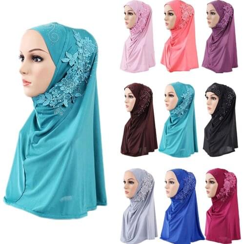 Women Muslim Flower Hot Drill Hijab Scarf Islamic Amira Headwear Shawls Headwrap Full Cover Headscarf Arab Turban Hair Loss Hat