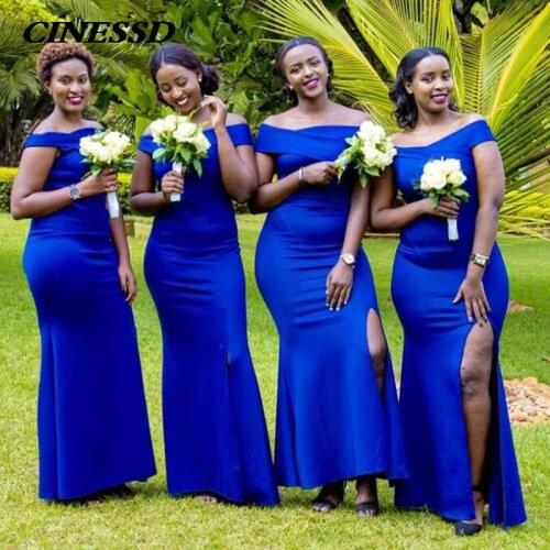 New Royal Blue Satin Bridesmaid Dresses 2020 Boat Neck Slit Mermaid Long Wedding Gusest Dress African Prom Party Gown vestidos