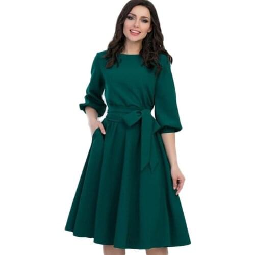 2021 Fall Soild A-Line Half Sleeve Pocket Casual Dress Women New Vintage Elegant O-Neck Sashes Lantern Sleeve Knee-Length Dress