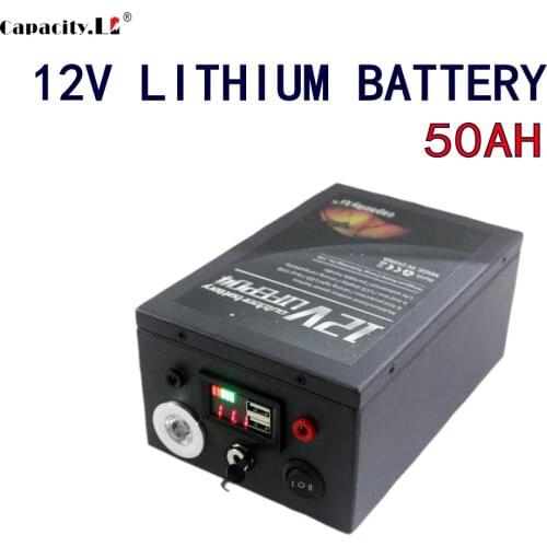 Capacity 12V 50AH rechargeable battery 12.6V 18650 lithium battery with protection board LED light with2 USB+Charger