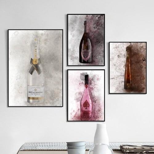 Watercolor Champagne Bottle Painting Fashion Poster Bar Kitchen Decor Spirits Tequila Canvas Print Dressing Room Wall Pictures