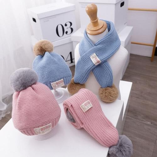 Doitbest 1 to 4 Years old baby kids Beanie sets Hair ball solid color 2 pcs boys girls winter knit hat scarf set