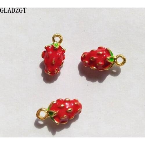 GLADZGT 10pcs/lot Oil Drop Zinc Alloy Stereo Strawberry Charm Pendants Gold-Color Floating Enamel Fashion Jewelry Accessories