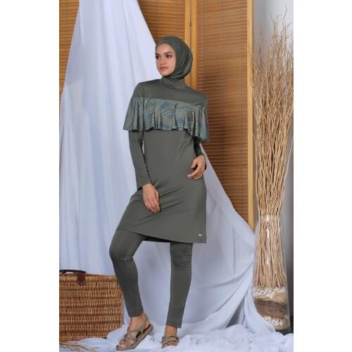 Womens Long Sleeve Collar Frilly The Tights Hijab swimwear 20139 khaki