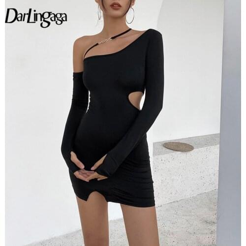 Darlingaga Fashion One Shoulder Asymmetrical Bodycon Sexy Dress Long Sleeve Basic Cut Out Sexy Dresses Ladies Club Party Clothes