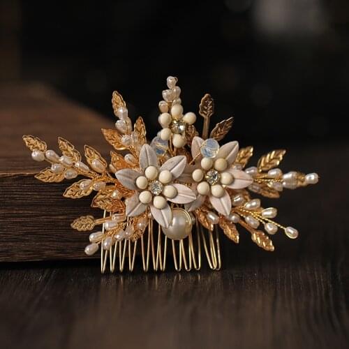 Trendy Gold Flower Leaf Pearl Bridal Hair Combs Wedding Hair Accessories Headpiece Hair Ornaments Party Bride Women Hair Jewelry