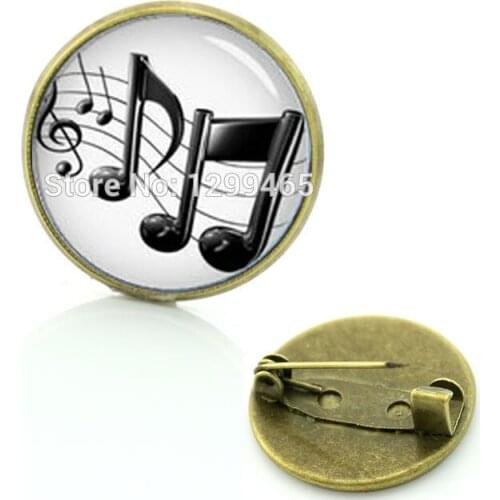 2021 New Note 20mm Glass Brooch Staff Photo Simple Background Bronze Plated Pins For Music Teachers Students