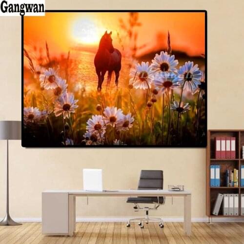 Full square diamond painting sunset daisy horse picture embroidery round diamond mosaic paintings wild flower natural decoration