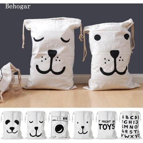 Behogar Cute Cartoon Canvas Drawstring Storage Bag Kids Toys Clothing Books Laundry Bag Organizer Basket for Children Room