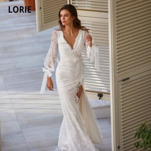 LORIE Bohemian Wedding Dresses V Neck Long Puff Sleeves Mermaid Lace New Arrival Wedding Gown Side Split Boho Bridal Dress