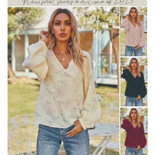 Fashion Women Long Sleeve Loose Blouse 2021 Autumn V-neck Casual Shirts Tops Clothing Chiffon Solid Color Elegant Ladies Blouses