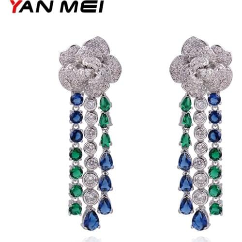 YAN MEI 2017 Three Colors Long Rose Flower White Gold Color AAA CZ Dangle Earrings Luxury Jewelry for Woman GLE6194Y