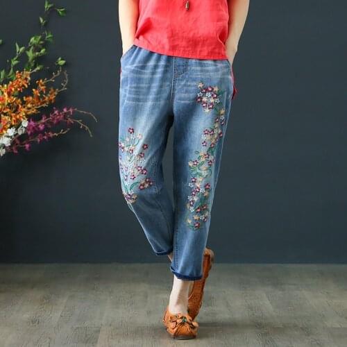 Vintage Floral Embroidered Jeans 2021 New Spring Summer Harem Jeans Women Casual Mid Waist Denim Pants Plus Size 3XL