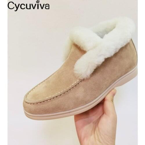 High Top Fur Ankle Boots For Women Nude Suede Flat Wool Snow Boots Warm Down Winter Shoes Woman Open Walk Woman Botas Mujer