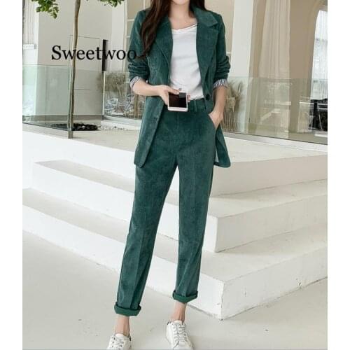 Plus Size Corduroy Autumn Blazer Womens Suit Long Blazer Coat+Button Pencil Pant Two Piece Set Outfit Spring 2020