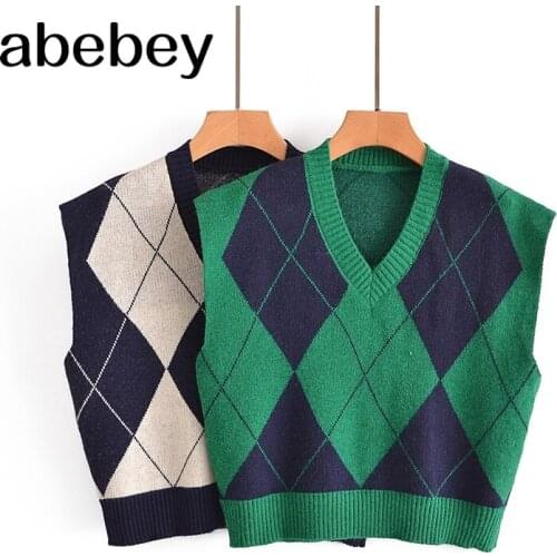 Women 2021 Fashion Green Plaid Knitted Vest Sweater V Neck Sleeveless Female Waistcoat Chic Tops 3A141