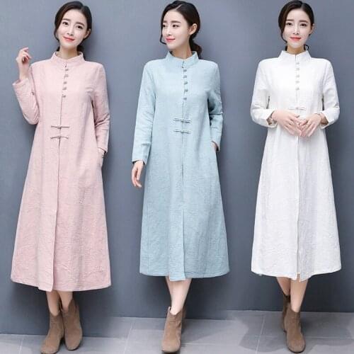Women Linen Dress 2020 Spring Autumn New China National Cotton Long Sleeve Long Plate Buckles Vintage Loose Women Robe TA1982
