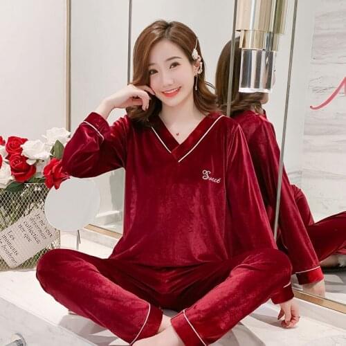 2020 Autumn Winter Long Sleeve V-neck Gold Velvet Pajama Sets for Women Sleepwear Suit Pyjama Homewear Pijama Mujer Home Clothes