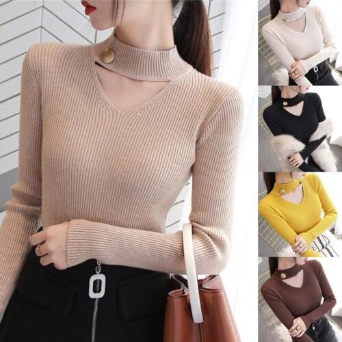 Blouse Women Button Choker Halter Hollow Knitwear Long Sleeve Slim top Blouse femme Pullover Polyester блузка женская 2020