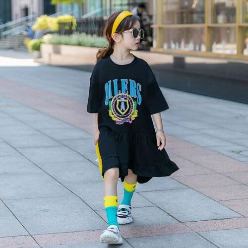 Teen Girls Short Sleeve Print Black Ruffles Dresses Summer Children Girls Outfit 8 10 12 13 14 years