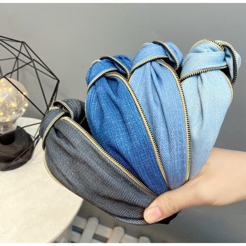 Cute Light Color Women Denim Fabric Hair Hoop Solid Color Chain Hairband Girl Twisted Sponge Headband Fashion Hair Accessories