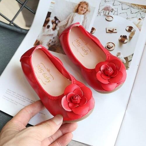 Baby Girls Red Leather Shoes 2021 New Children Big Flower With Elastic Edge Velcro Dress Dance Shoes Party Lovely Princess Flats