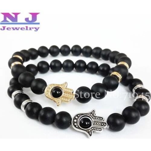 Wholesale 10pcs Hamsa Hand Bracelet Yoga Mala Mens Bracelets 8mm Black Matte Stone Beads Energy Bracelet