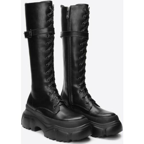 2021 Autumn Platform Boots Black Thick-soled Lace-up Knight Martin Boots Knee High Boot Motorcycle Boots Chaussure Femme Shoes