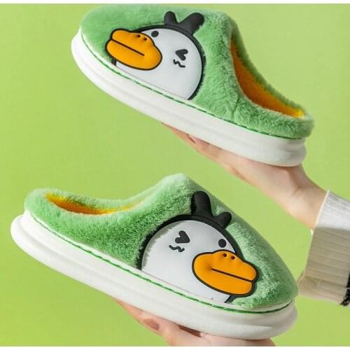Winter Warm Slippers Women Men Cartoon Duck Furry Thick Sole Non-slip Plush Shoes Couples Boys Girls Home Bedroom Fur Slides