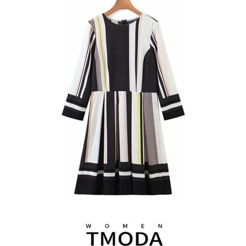 TMODA533 Za Vintage Striped Midi Dress Women 2021 Autumn Print Plated Patchwork Dresses Casual O Neck Back Zipper Vesitidos