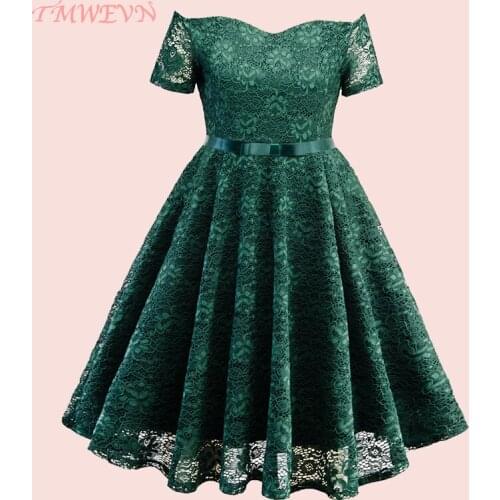 TMWEVN Lace Women Retro Dress Slash Neck Off Shoulder Feminino Party Dress Short Sleeves Vintage Vestidos Plus Size