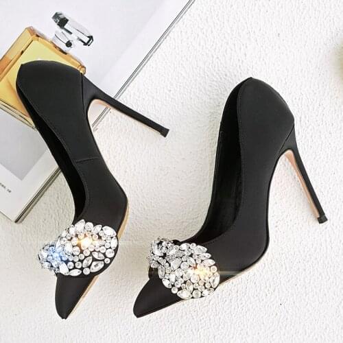 Bling Rhinestone Bowtie Pumps Female Wedding Satin High Heels Pointed Toe Shoes Crystal Bow Slip-On Evening Party Heels