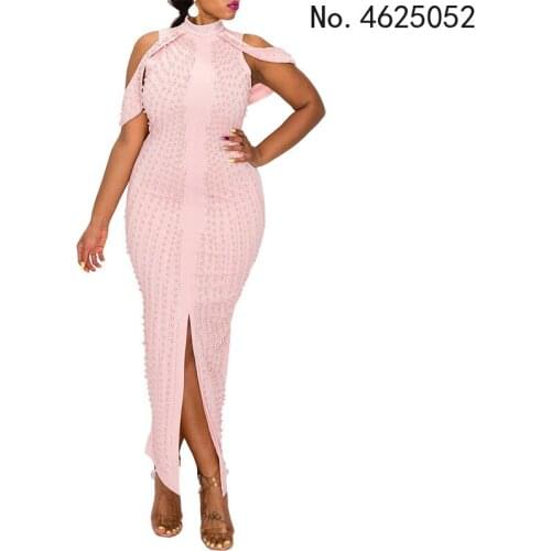 Evening Long Africa Dress Women Stand Collar Sleeve Split Robes Summer New Solid Beading Elegant Chic African Party Dresses Gown