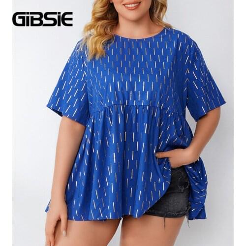 GIBSIE Plus Size Round Neck Glitter Peplum Top Blouse Women Summer Short Sleeve Office Casual Loose Ruffle Hem Blouses 3xl 4xl
