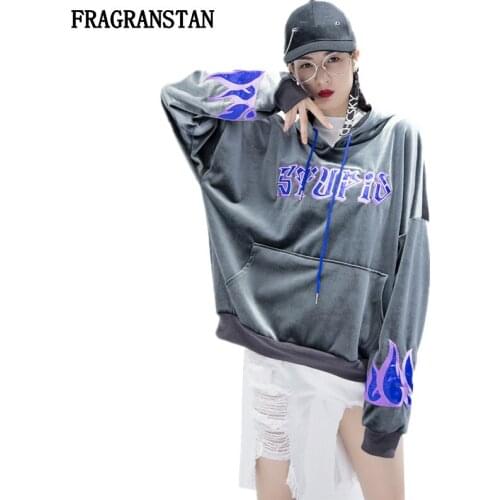 Lady New Harajuku Letter Flame Pattern Embroidery Velour Hoodies Autumn Female Fashion Casual Plus Size Street Style Tops JQ396