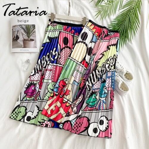 Womens Cartoon Skirt Spring Midi Calf Length 2020 Europen Long Pleated Midi Skirt High Waisted Female Streetwear Skirts Womens