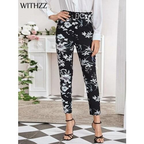 WITHZZ Womens Casual Pants Fashion Printed Pocket Belt High Waist Pencil Pants