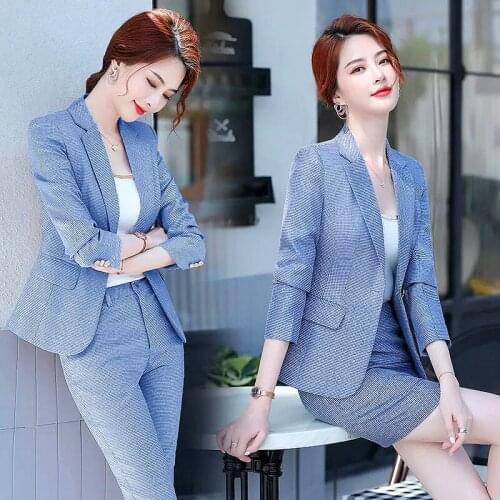 Korea Ladies Two Pc Sets Women Blazer Femme 2021 Autumn Long Sleeve Double Breasted Jacket Coat+ Long Pants Suit Clothes LS096