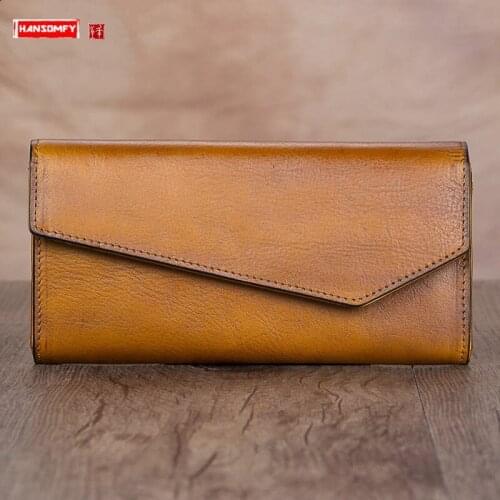 Vintage Genuine Leather Womens Long Wallet Clutch Bag Women Retro Card Holder Wallets First Layer Cowhide Zipper Korean Version
