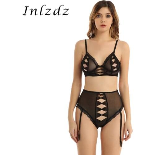 Womens See-through Mesh Lingerie Suit Hollow Out Bowknot Lace Trimming Underwear Underwire Unlined Bra Tops with Garters Briefs