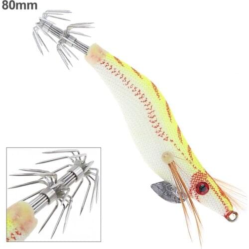 1pcs 80mm 7.4g Fishing Baits Durable Stainless Steel 2# Hook Squid Jigs Fishing Lures Artificial Luminous Soft Shrimp Fishing