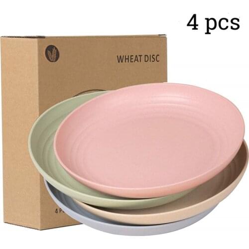 4pcs/Set Wheat Straw Tableware Reusable Household Tableware Kids Adult Salad Soup Plate Round Dishes Kits