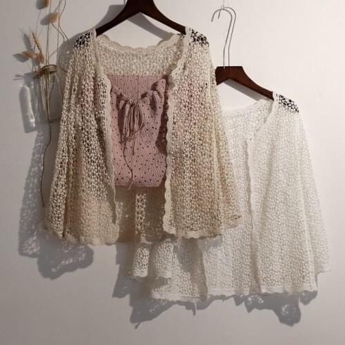 Hollow Out Kimono Cardigan Summer Long Sleeve Knitted Women Shirts Boho Beach Beige White Cardigan Top Korean Style
