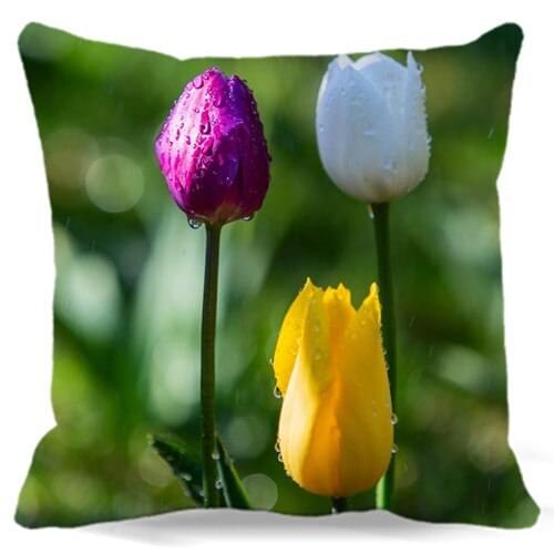 Three color Tulips Flowers Pillow Case Chair Waist Cotton Polyester Pillow Cover