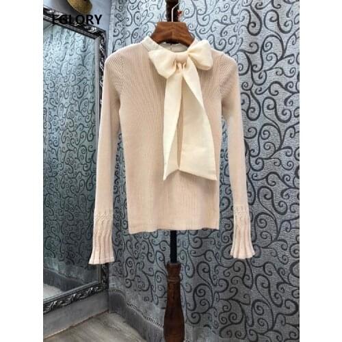 Bow Tie Elegant Sweaters 2020 Autumn Winter Casual Pullovers Ladies High Quality Knitting Long Sleeve White Apricot Black Tops