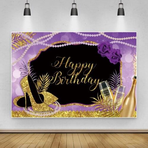 Laeacco Gold Glitters Star Womans Happy Birthday Party Backdrop Champagne Rose Flower Pearl Photography Background Photo Studio