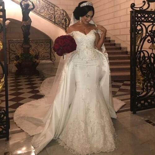 T Beaded Lace Wedding Dresses Detachable Train Off Shoulder Mermaid Bridal Gowns Applique Ivory Satin Wedding Dress