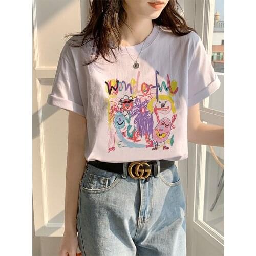 GGRIGHT 2021 Women Summer Kawaii Cartoon T Shirts Tops O Neck T-Shirt Cotton Tshirt White Black Short Sleeve Vetement Femme